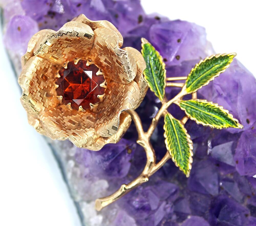 1970 Sarah Coventry Ember Flower Orange Glass and Enamel Brooch